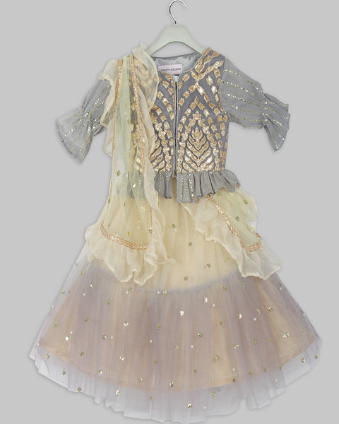 Pre-Order: Gota Patti Grey Choli Shaded Lehenga with Dupatta