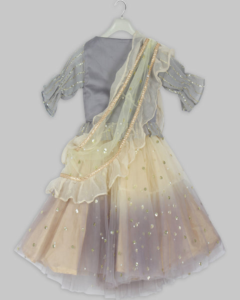 Pre-Order: Gota Patti Grey Choli Shaded Lehenga with Dupatta