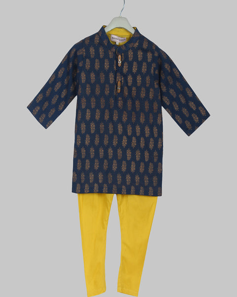 Pre-Order: Blue Printed Kurta with Yellow Churidar