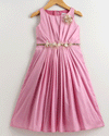 Pre-Order: Silk Flared Gown with Embellished Gold Lace waist belt & flower brooch-Lilac