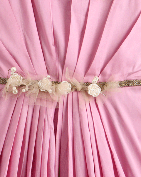 Pre-Order: Silk Flared Gown with Embellished Gold Lace waist belt & flower brooch-Lilac