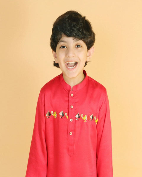 Pre-Order: Red Kurta with Chest Embroidery and Salwar
