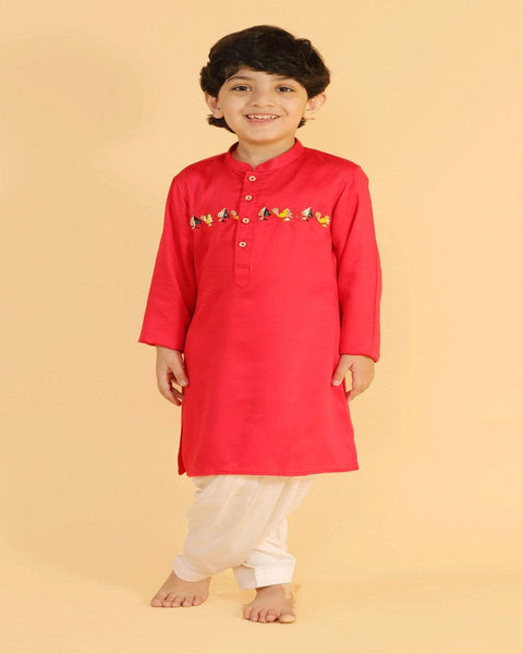 Pre-Order: Red Kurta with Chest Embroidery and Salwar