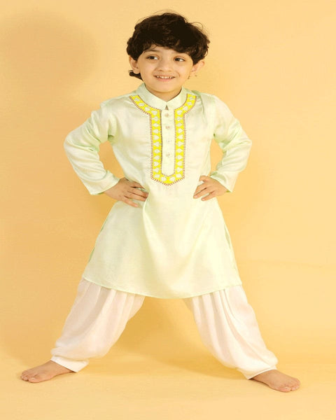 Pre-Order: Pastel Green Kurta with Neck Embroidery and Salwar