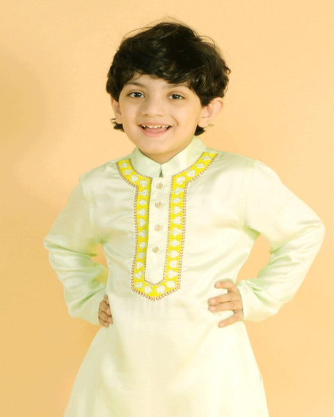 Pre-Order: Pastel Green Kurta with Neck Embroidery and Salwar