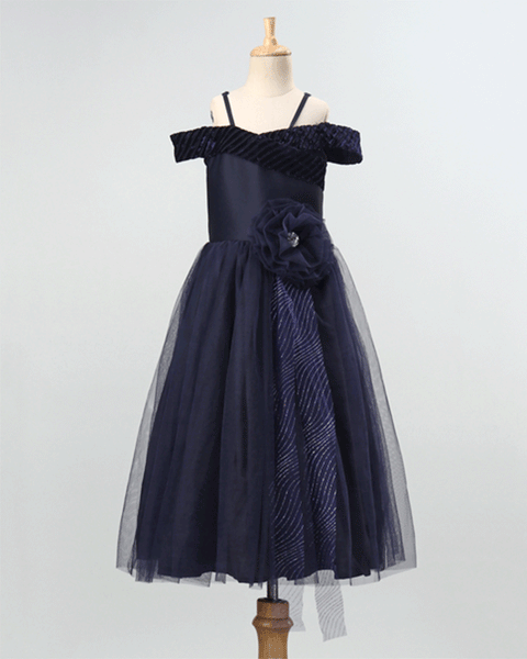 Pre-Order: Girls Flower Embellished party gown in net with crepe lining-Navy Blue