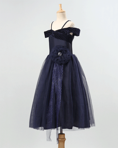 Pre-Order: Girls Flower Embellished party gown in net with crepe lining-Navy Blue