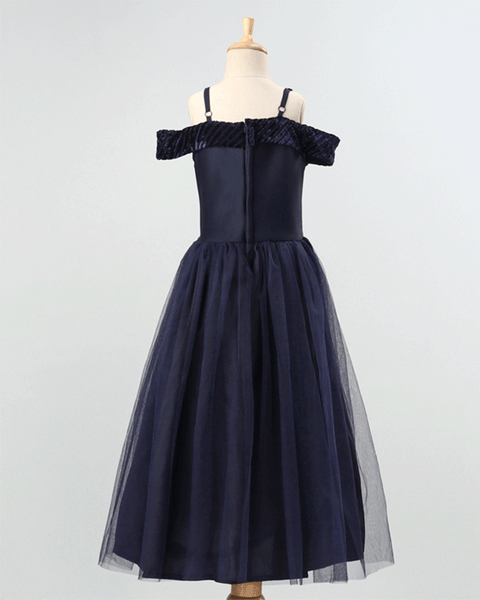 Pre-Order: Girls Flower Embellished party gown in net with crepe lining-Navy Blue