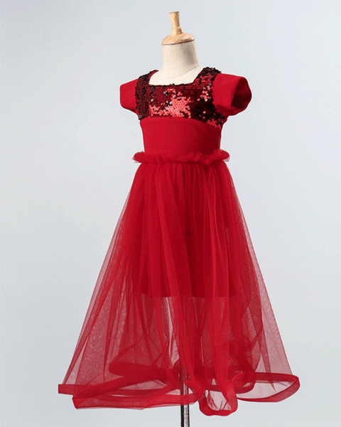 Pre-Order: Flared Scuba and Net Gown with Sequin Embellishment -Red