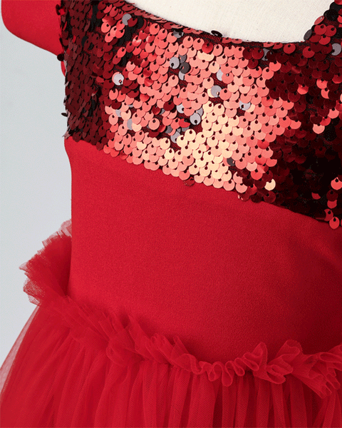 Pre-Order: Flared Scuba and Net Gown with Sequin Embellishment -Red