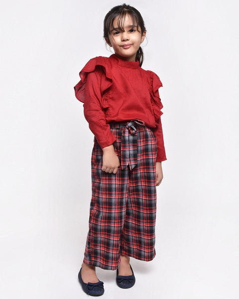 Maroon Top with Maroon Check  Cullote Set