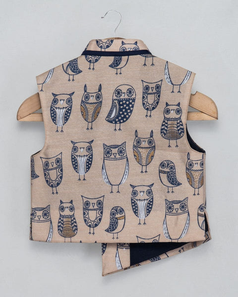 Pre-Order: Owl Print Jacket with Navy Blue Kurta and Churidar