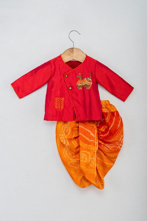 Horse Motif Angarkha with Bandhej Dhoti