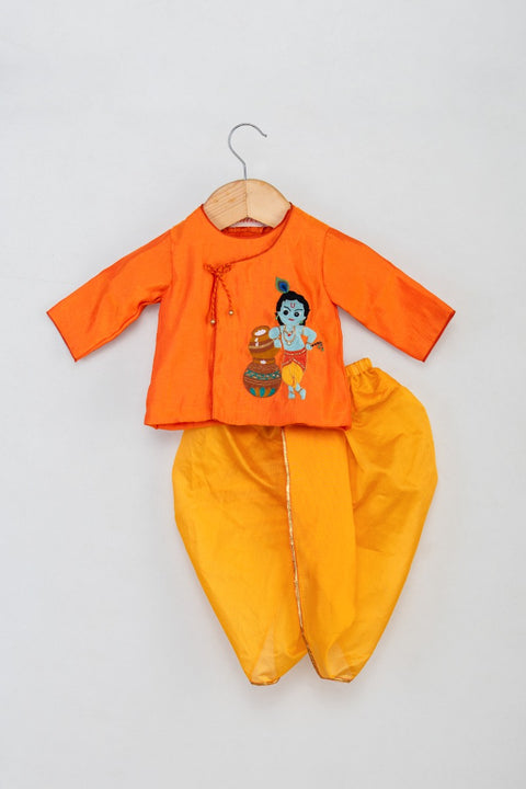 Orange angrakha with Krishna Motif with Golden Yellow Dhoti
