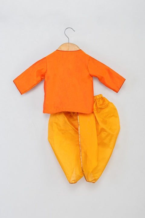 Orange angrakha with Krishna Motif with Golden Yellow Dhoti
