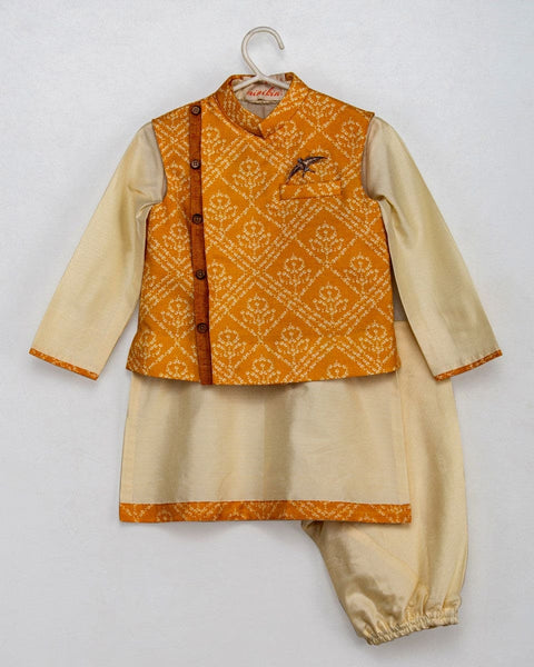 Pre-Order: Yellow Bandhej Jacket Set with a Brooch and Cream Kurta Churidar
