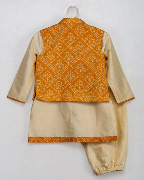 Pre-Order: Yellow Bandhej Jacket Set with a Brooch and Cream Kurta Churidar
