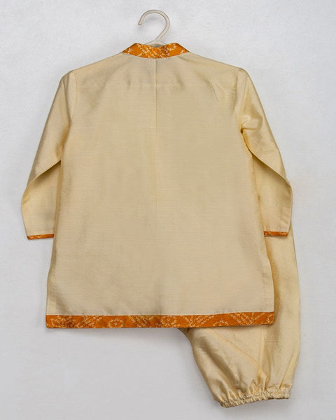 Pre-Order: Yellow Bandhej Jacket Set with a Brooch and Cream Kurta Churidar