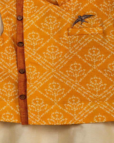 Pre-Order: Yellow Bandhej Jacket Set with a Brooch and Cream Kurta Churidar