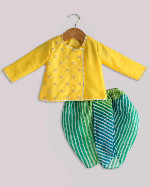 Pre-Order: Yellow Moti Booti Angrakha with Green Leheriya Dhoti