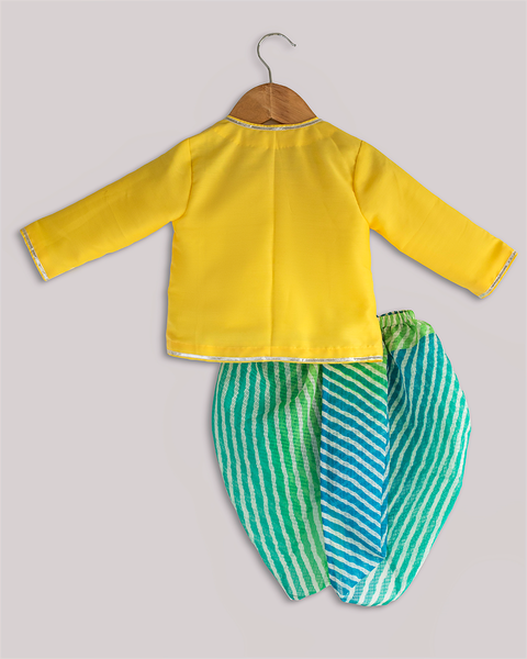 Pre-Order: Yellow Moti Booti Angrakha with Green Leheriya Dhoti