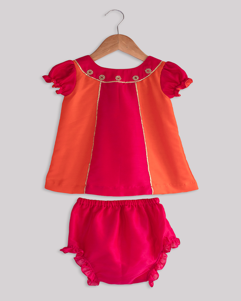 Pre-Order: Pink Orange Muslin Frock with bloomers