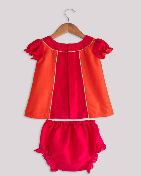 Pre-Order: Pink Orange Muslin Frock with bloomers