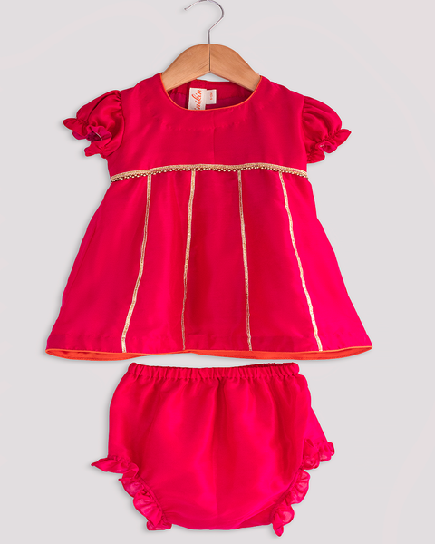 Pre-Order: Pink Muslin Frockwith Kali and Gota Paired with Bloomers