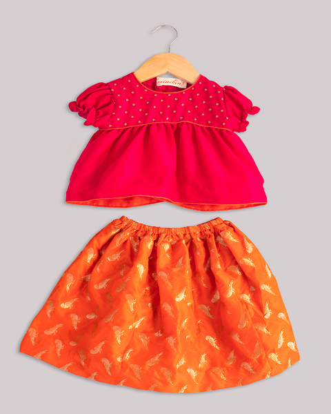 Pre-Order: Pink Muslin Top with Orange Brocade Skirt