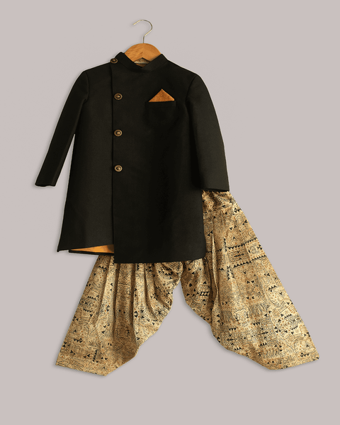 Pre-Order: Black Sherwani with Katha Print Patiala