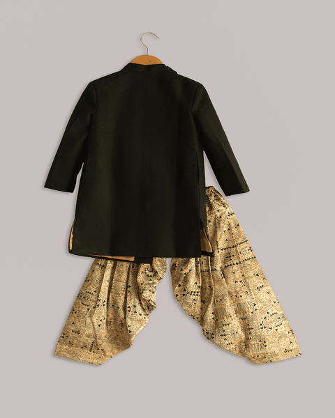 Pre-Order: Black Sherwani with Katha Print Patiala