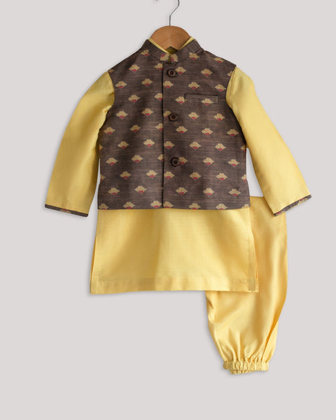 Pre-Order: Brown Printed Jacket Set with Yellow Kurta Churidar