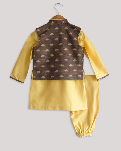 Pre-Order: Brown Printed Jacket Set with Yellow Kurta Churidar