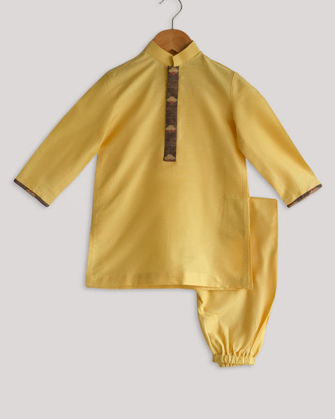 Pre-Order: Brown Printed Jacket Set with Yellow Kurta Churidar