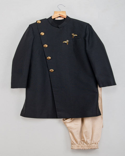Pre-Order: Black Sherwani with Bug Brooch and Churidar