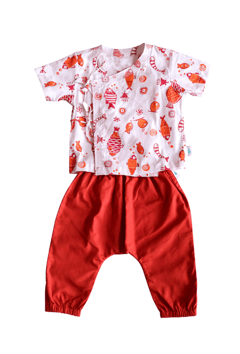 Fish Print Angarakha Top with Madder Red Pajama