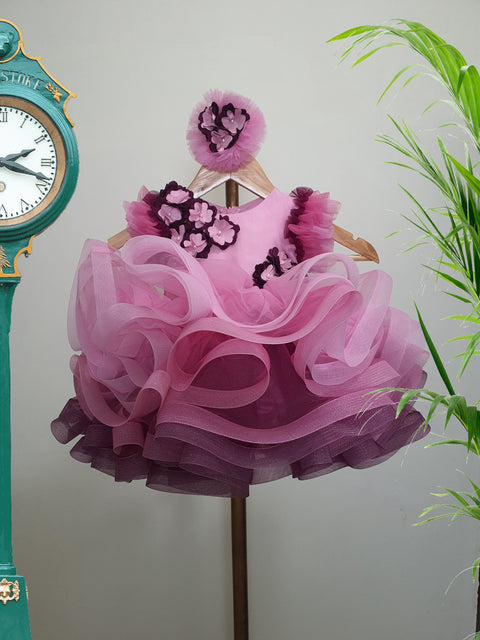 Pre-Order: Pink Ruffle Dress with Flowers on the shoulder