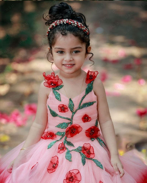 Pre-Order: Red And Peach Double Shade Couture Gown With Handcrafted Flowers And Leaves