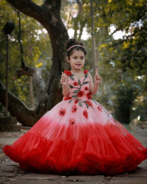 Pre-Order: Red And Peach Double Shade Couture Gown With Handcrafted Flowers And Leaves