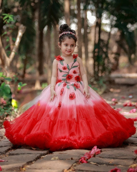 Pre-Order: Red And Peach Double Shade Couture Gown With Handcrafted Flowers And Leaves