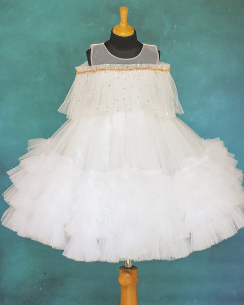 Pre-Order: Cloudy White Frilled Gown With Handwork On Yoke