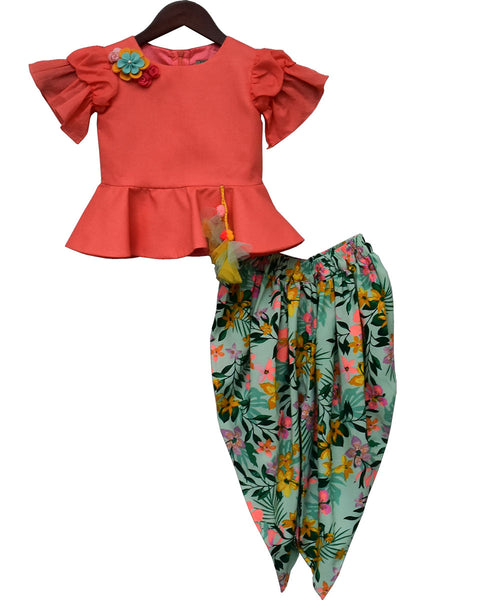 Pre-Order: Light Peach Peplum Top with Printed Dhoti