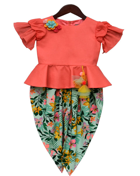 Pre-Order: Light Peach Peplum Top with Printed Dhoti