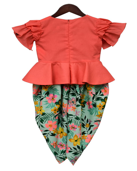 Pre-Order: Light Peach Peplum Top with Printed Dhoti