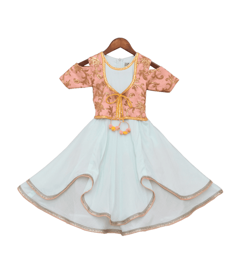 Pre-Order: Light Blue Anarkali Dress with attached Embroidery Jacket