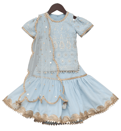 Pre Order: Light Blue Lucknowi Kurti with Lehenga