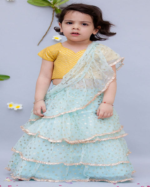 Pre-Order: Light Blue Chiffon Saree with Yellow Top