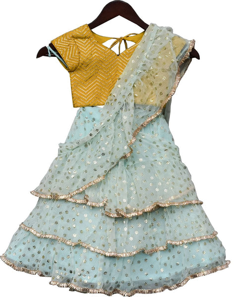 Pre-Order: Light Blue Chiffon Saree with Yellow Top