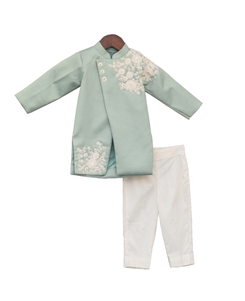 Pre-Order: Light Green Embroidery Ajkan with Churidar