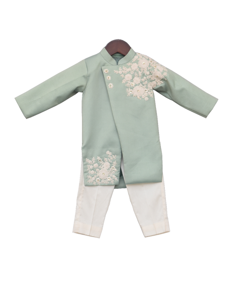 Pre-Order: Light Green Embroidery Ajkan with Churidar